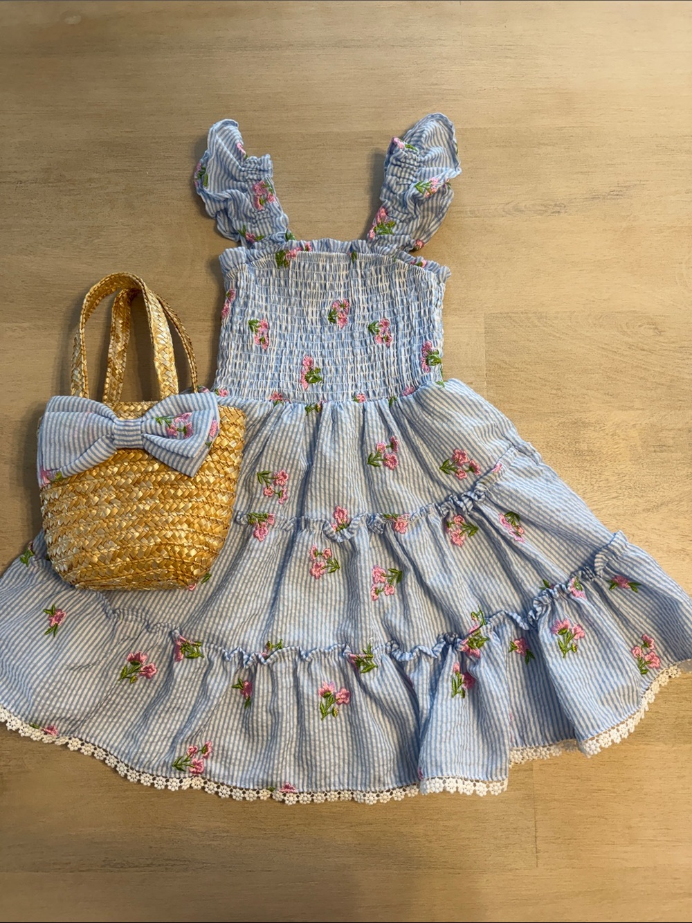 Rare Editions Blue Striped Floral Sundress with Ruffled Straps